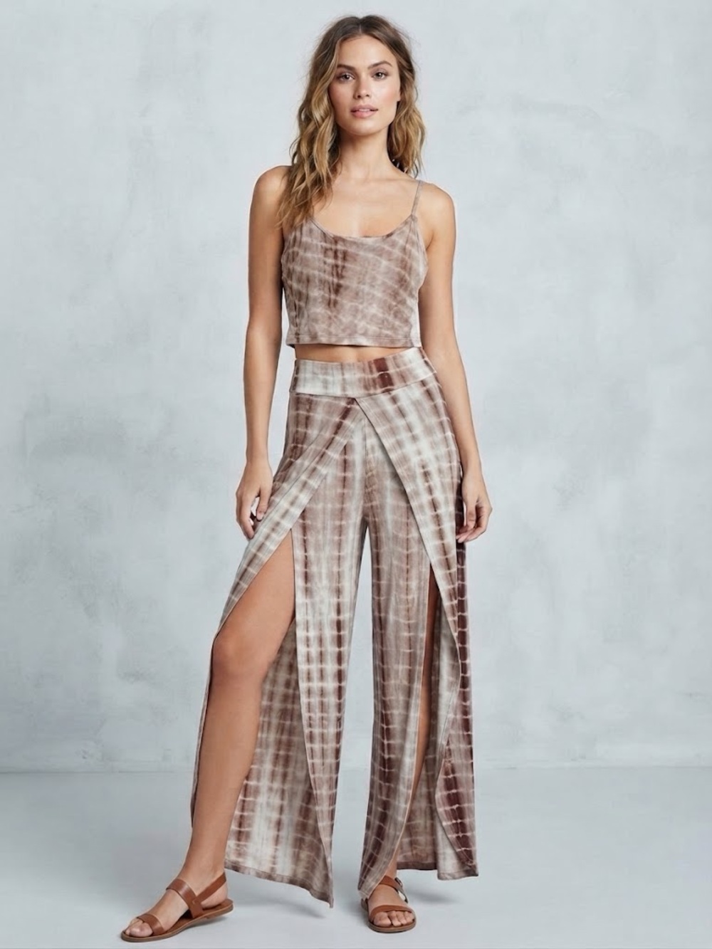 Tie-Dye Matching Set - Split-Leg Wide Leg Pants and Crop Tank Top -Brown size M
